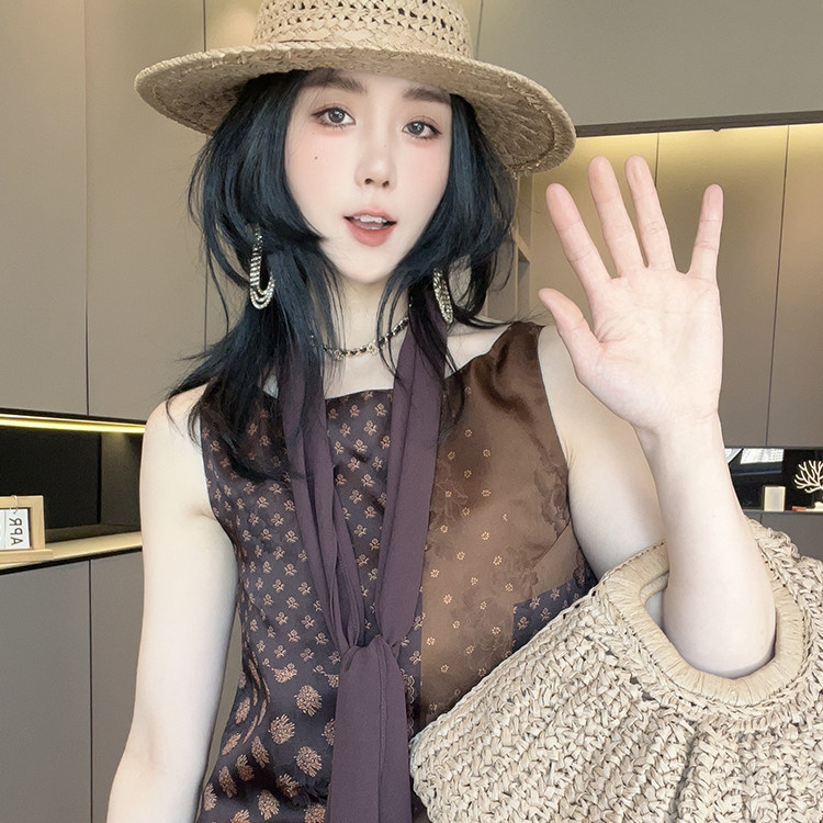 网纱拼接下摆无袖背心高腰阔腿长裤印花套装两件套女2026夏季新款