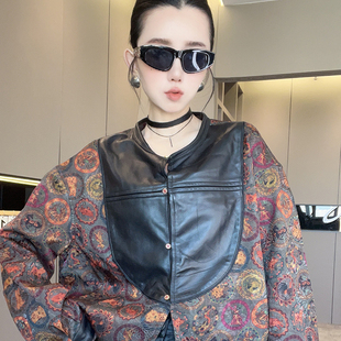 圆领长袖 高级感国风撞色拼接图案短款 上衣 新款 拼皮外套女2025秋季