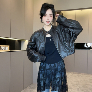 【现货】皮衣女2025春季新款纯色绵羊皮外套短款拉链长袖真皮上衣