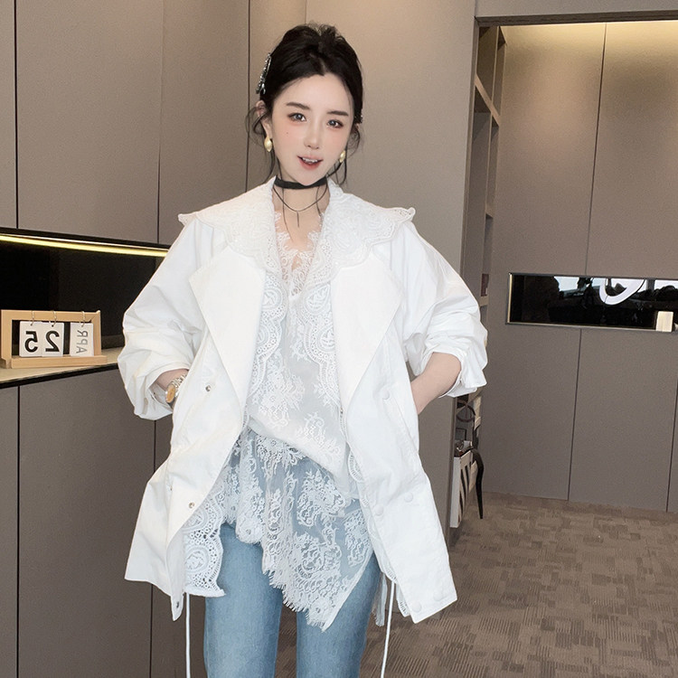 风衣女2026春季新款纯色蕾丝钩花镂空拼接假两件外套连帽长袖上衣