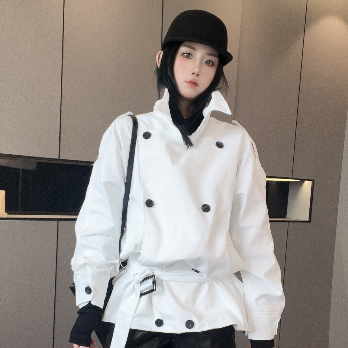 风衣女2026秋季新款欧洲站时尚纯色腰带收腰双排扣外套长袖上衣
