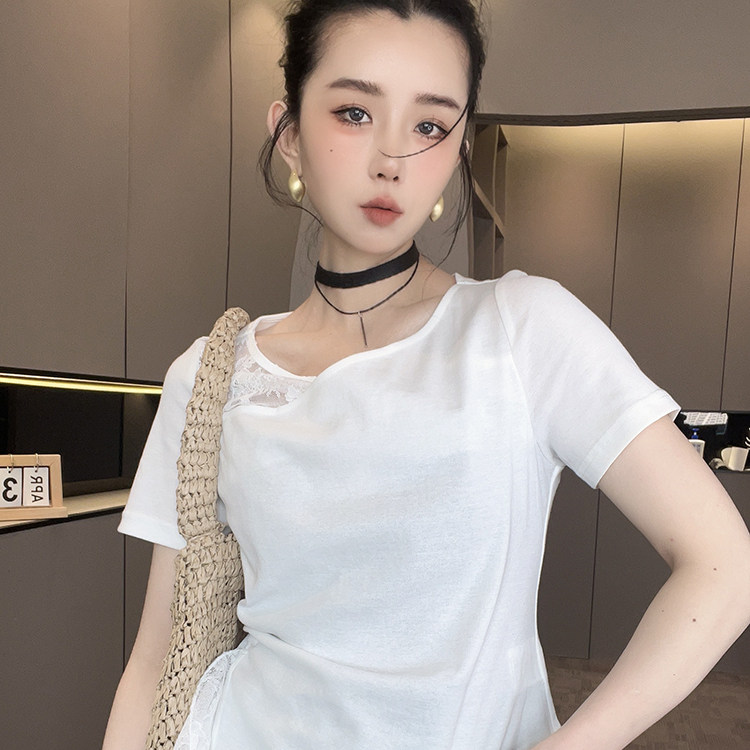 短袖T恤女2026春季新款纯色蕾丝钩花拼接打底衫时尚百搭半袖上衣