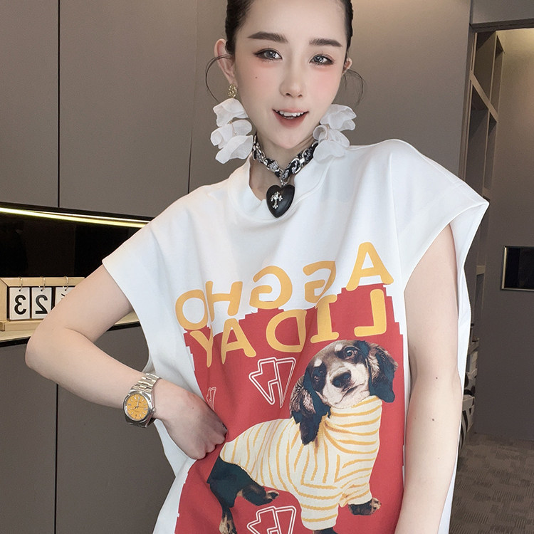 连衣裙女2026夏季新款欧洲站撞色拼接小狗字母印花T恤裙圆领裙子