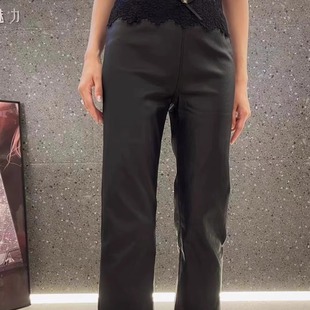 蛋白皮裤女2024秋季新款女装纯色蕾丝拼接九分裤高腰长裤哑光裤子