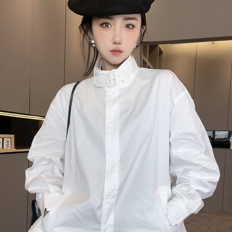 长袖衬衫女2025秋季新款欧洲站纯色可调节扣立领衬衣单排扣上衣