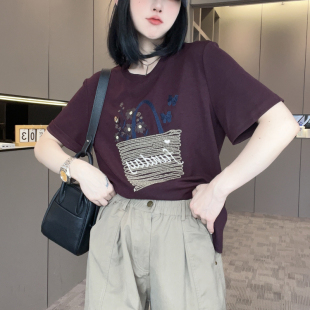 2025早秋新款 T恤女 设计感钉珠针织立体花朵花篮刺绣印花宽松短袖