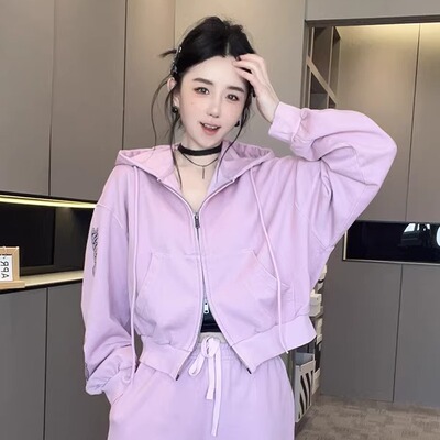 连帽拉链长袖外套高腰直筒长裤字母印花套装两件套女2026春季新款