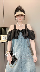 菲菲边露肩吊带牛仔拼接连衣裙女大口袋宽松收腰显瘦2026春季新款