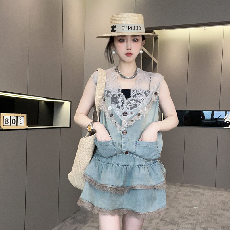 【现货】无袖上衣高腰短裙蕾丝拼接牛仔套装两件套女2025夏季新款