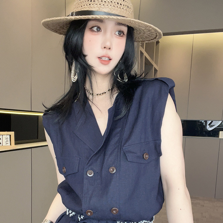 无袖连体裤女2026春季新款时尚百搭翻领双排扣阔腿长裤高腰裤子