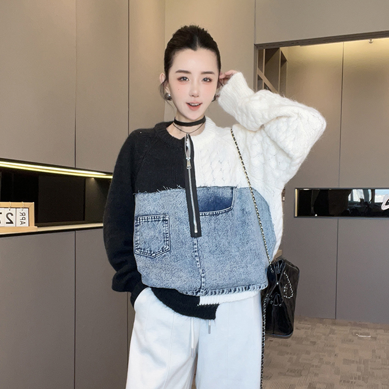 撞色拼接牛仔毛衣女2025秋冬新款欧洲站圆领半拉链针织衫长袖上衣