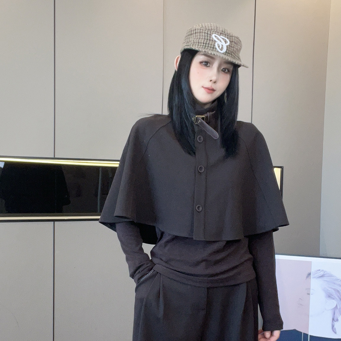 立领斗篷长袖小衫高腰休闲裤长裤纯色套装两件套女2026秋季新款