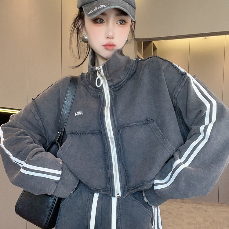 立领长袖外套高腰直筒裤长裤拼接侧条纹套装两件套女2025秋季新款