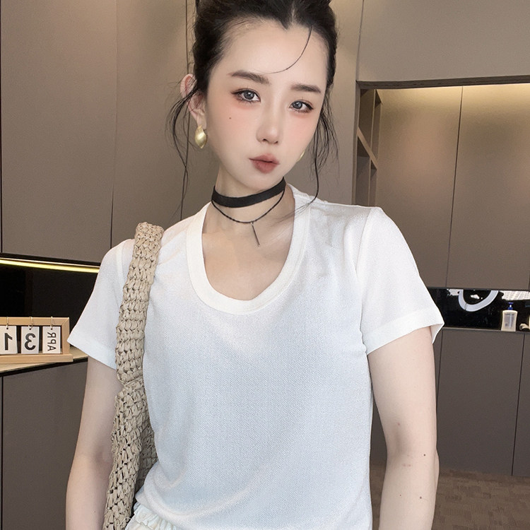 短袖T恤女2026春季新款纯色修身显瘦蕾丝钩花镂空打底衫半袖上衣