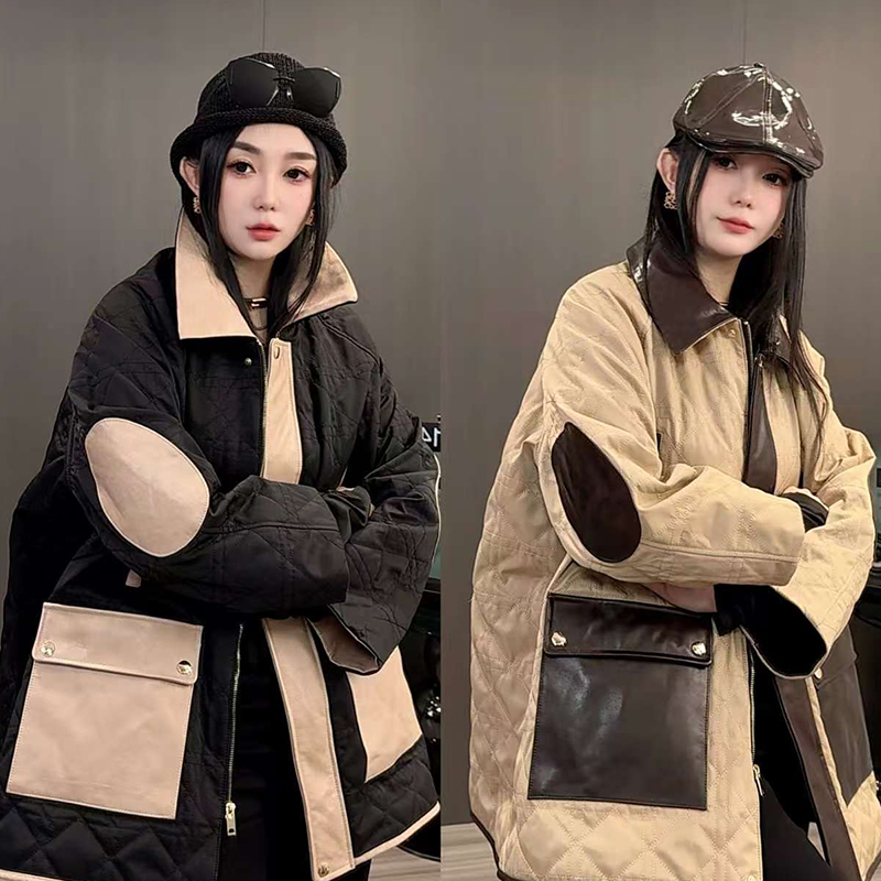 【现货】绵羊皮拼接大口袋侧开叉长袖开衫菱格拼皮棉服外套女