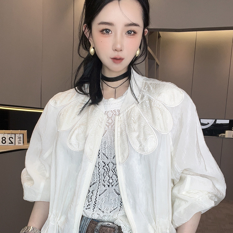 防晒外套女2026春季新款纯色花边领防晒衣抽绳收腰显瘦中长款上衣