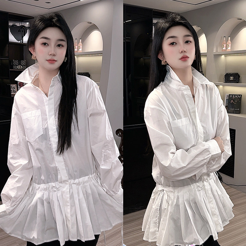 衬衫女2026春季新款欧洲站设计感韩版纯色中长款口袋衬衣长袖上衣