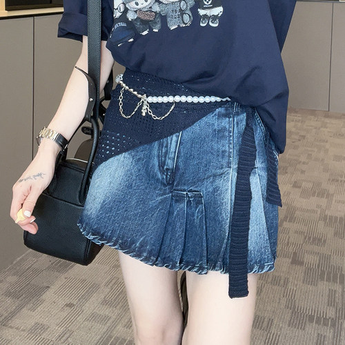 牛仔短裙女2025秋季新款珠串腰封高腰半身裙显瘦A字裙百搭裙子