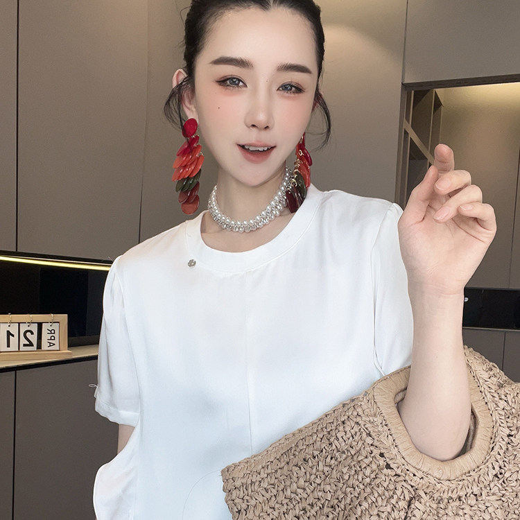 短袖连衣裙女2026夏季新款纯色荷叶边T恤裙宽松百搭圆领半袖裙子