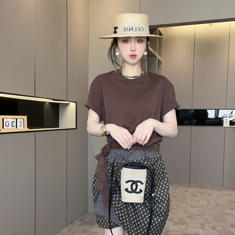 短袖波点连衣裙女2026春季新款拼接假两件不规则T恤裙圆领裙子