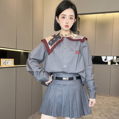 衬衫女2025春季新款欧洲站设计感撞色拼接披肩领单排扣长袖上衣