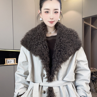 羊毛毛领鹅绒羽绒服女2026冬季新款中长款派克服系带外套长袖上衣
