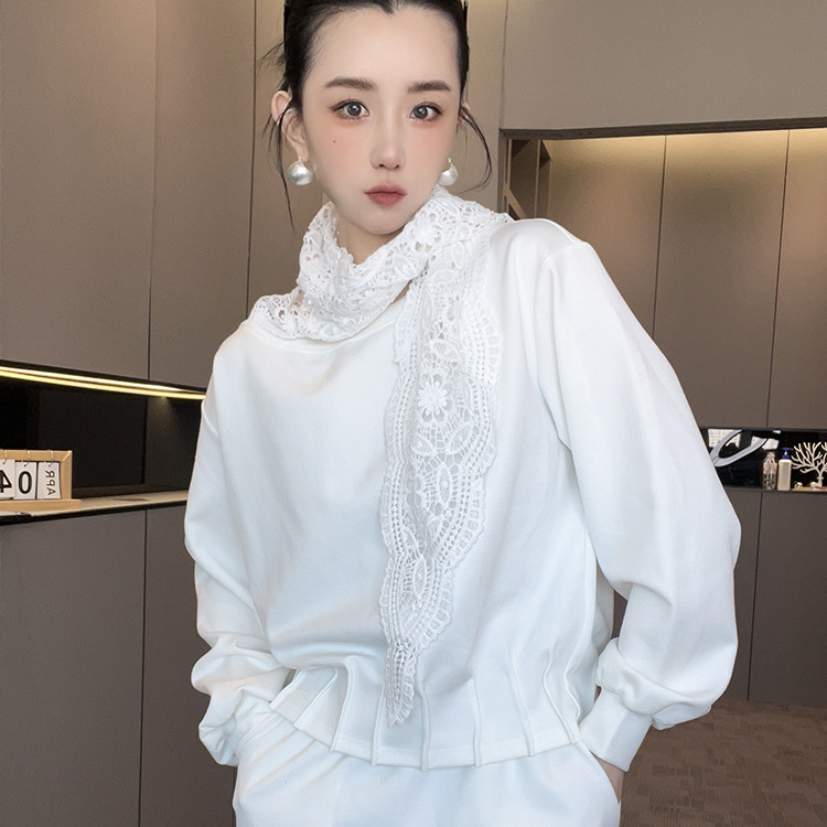长袖卫衣高腰半身裙纯色蕾丝围巾套装两件套女2026春季新款欧洲站