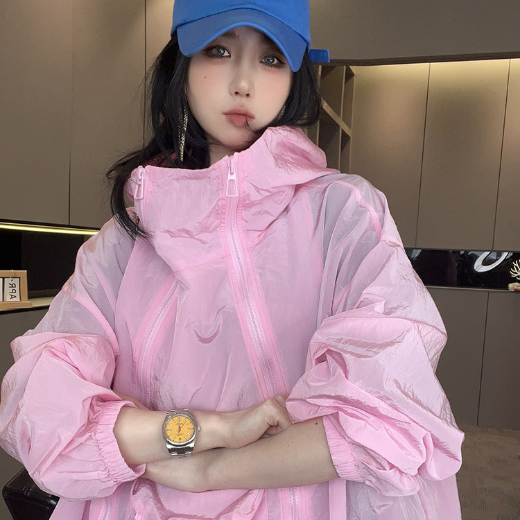 连帽防晒外套女2026春季新款中长款纯色拉链大口袋防晒衣长袖上衣