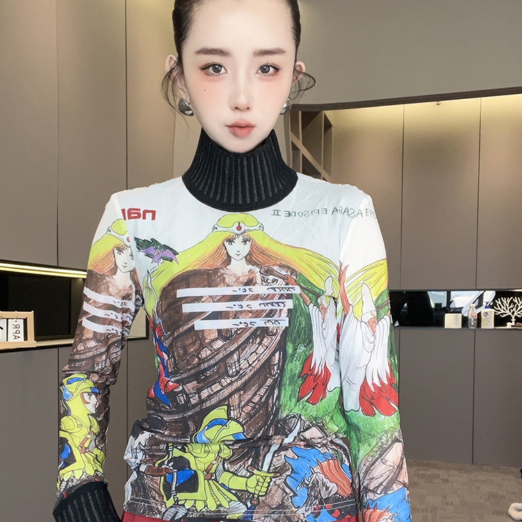 T恤女2025秋季新款时尚撞色拼接卡通动漫人物印花打底衫长袖上衣