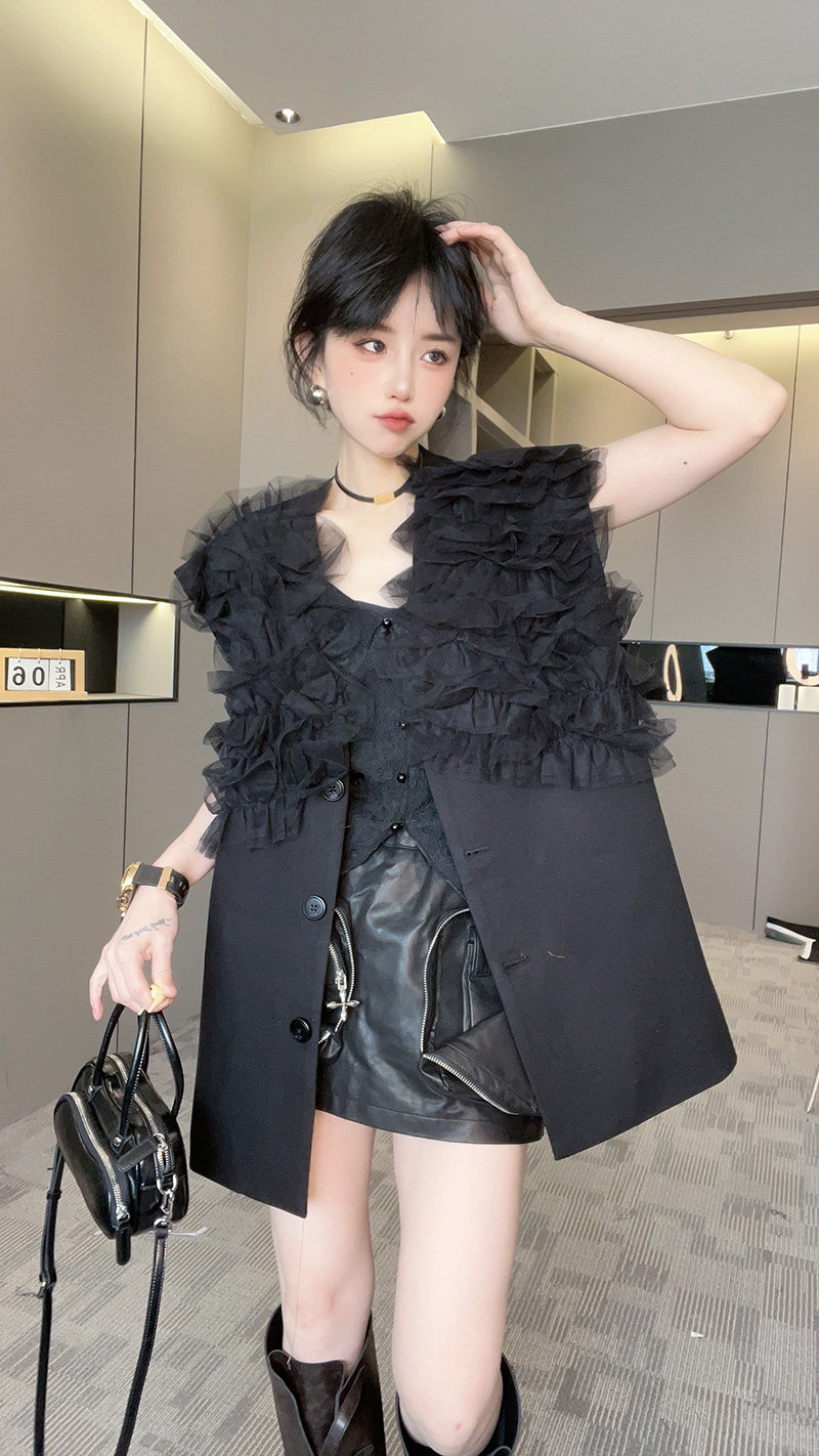 【现货】马甲女2026秋季网纱拼接中长款单排扣外套纯色无袖上衣