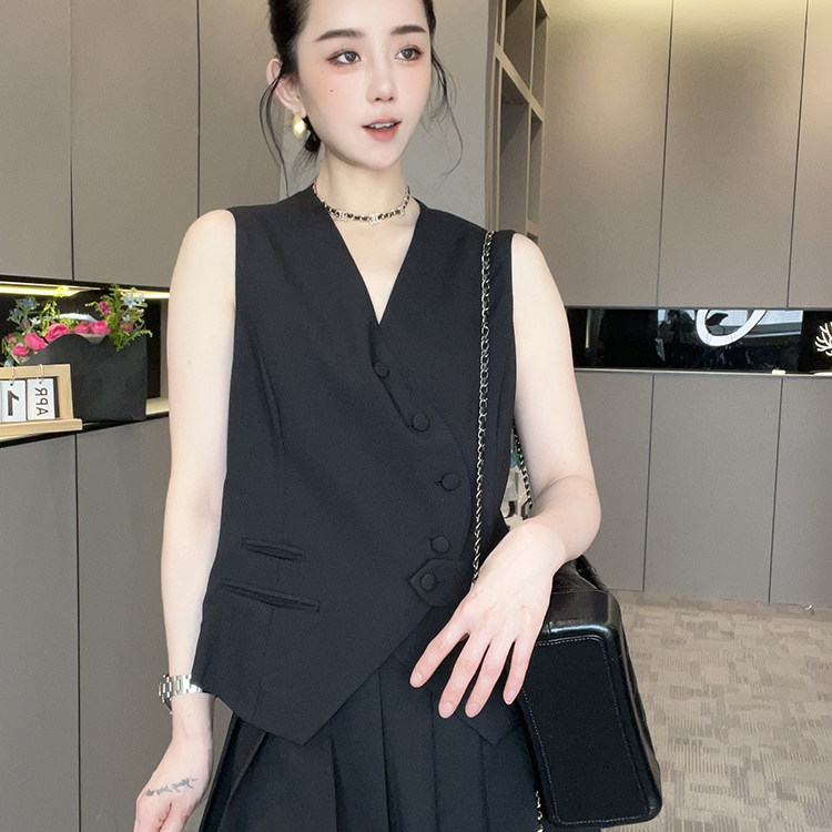 单排扣无袖马甲外套百褶裙短裙时尚纯色套装两件套女2026夏季新款