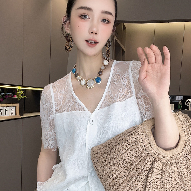 蕾丝钩花拼接单排扣短袖上衣高腰长裤套装两件套女2026夏季新款