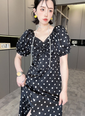 RR fashion 短袖连衣裙女2024夏季新款法式开叉抽褶收腰印花长裙