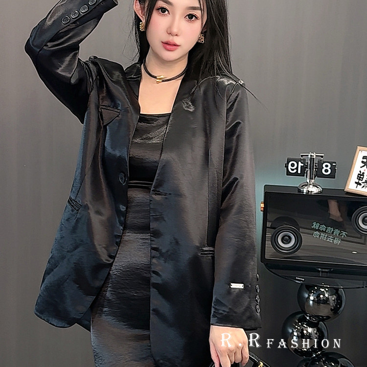 设计感西服外套女宽松中长款V领黑色小西装上衣欧货2025秋季新款