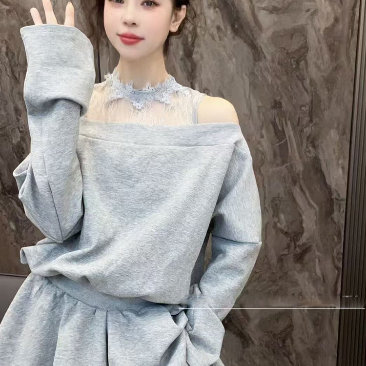 长袖连衣裙女2026春季新款欧洲站时尚纯色蕾丝钩花拼接露肩卫衣裙
