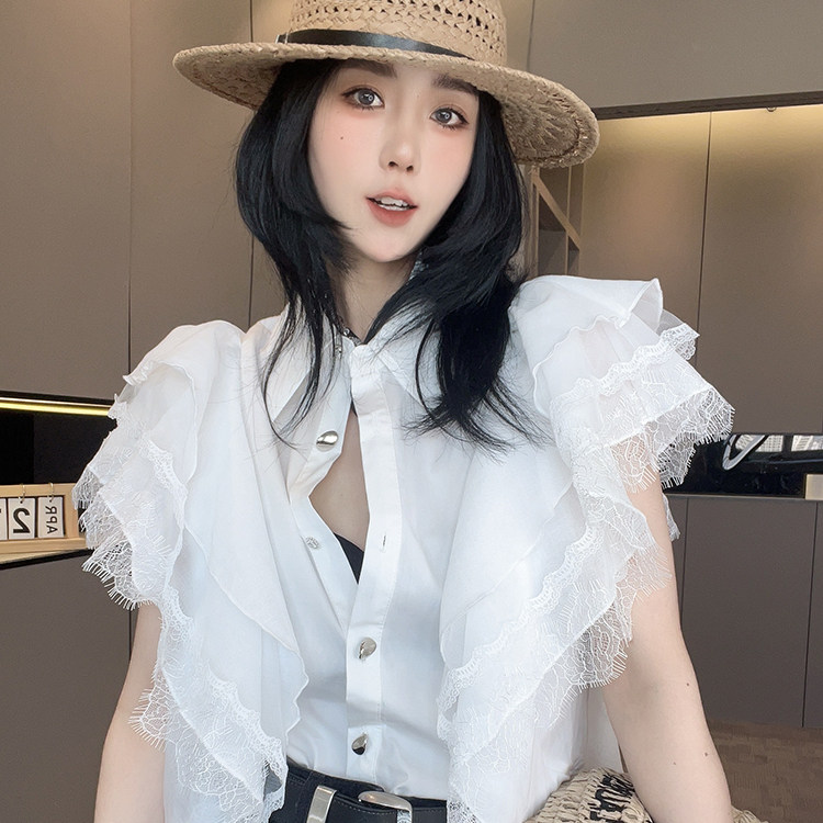 衬衫女2026夏季新款欧洲站纯色蕾丝钩花拼接荷叶边衬衣单排扣上衣