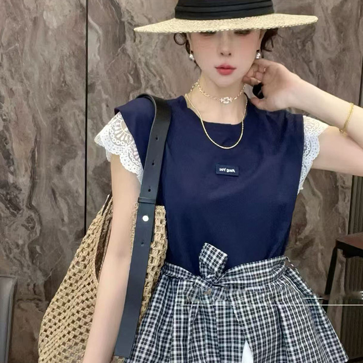 无袖连衣裙女2026夏季新款欧洲站格子腰封拼接假两件长裙高腰裙子