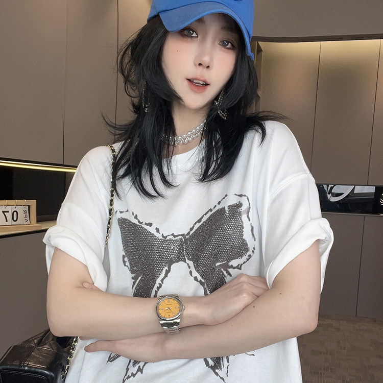 短袖T恤女2026夏季新款网纱荷叶边下摆蝴蝶结印花圆领半袖上衣