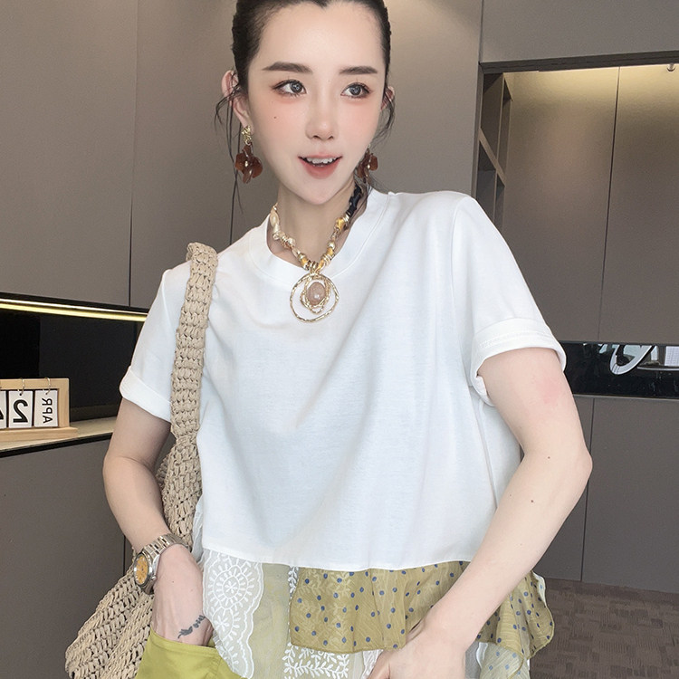短袖T恤女2026夏季新款撞色拼接不规则下摆打底衫圆领半袖上衣