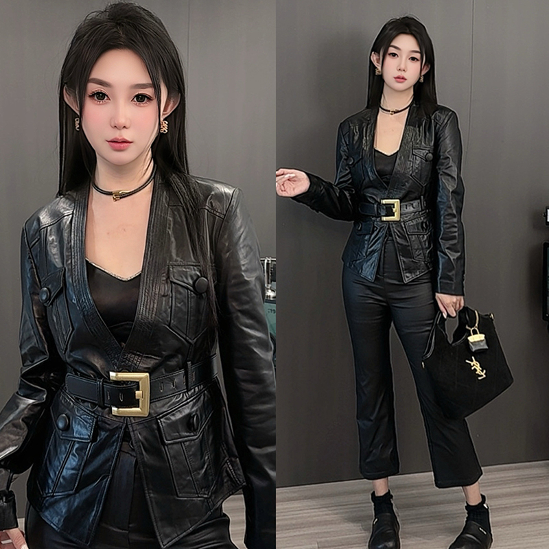 【现货】皮衣女2025秋季新款纯色腰带收腰绵羊皮真皮外套长袖上衣