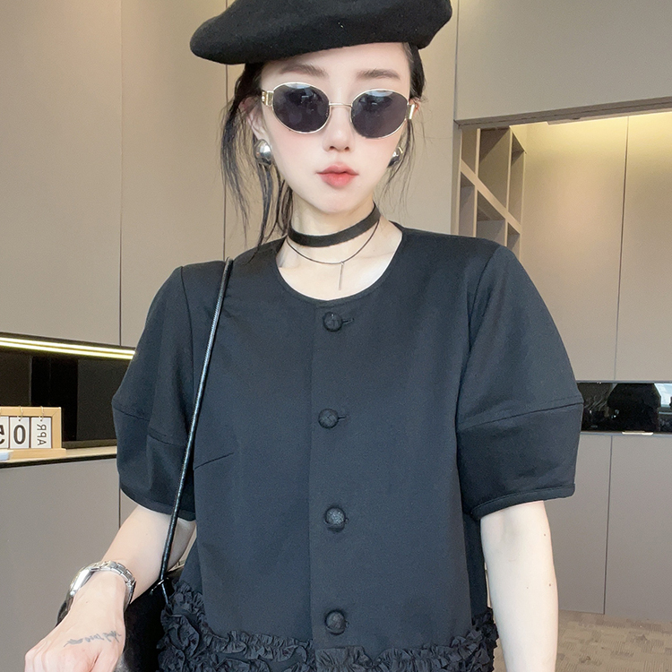 圆领木耳边短袖上衣高腰阔腿裤长裤纯色套装两件套女2025秋季新款