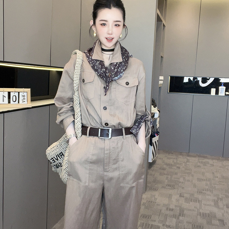 工装连体裤女2026春季新款欧洲站单排扣连衣裤翻领长裤纯色裤子