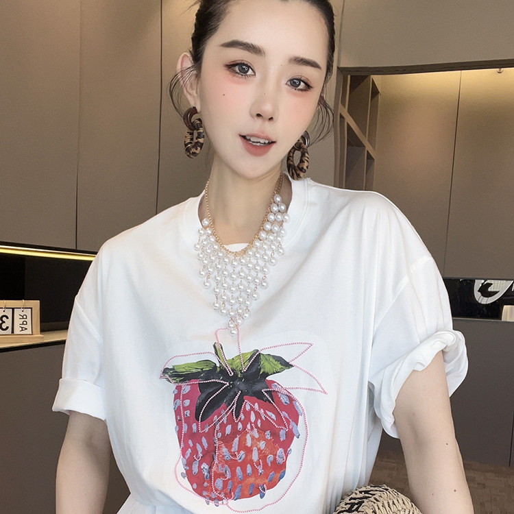 短袖T恤女2026夏季新款设计感拼接草莓印花打底衫圆领半袖上衣