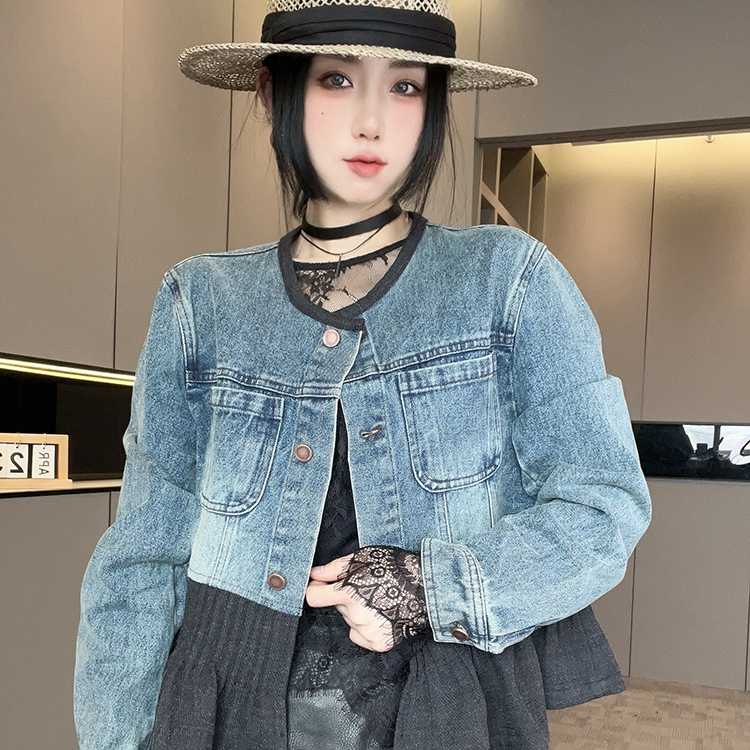 牛仔外套女2025秋季新款欧洲站针织拼接圆领长袖牛仔服单排扣上衣