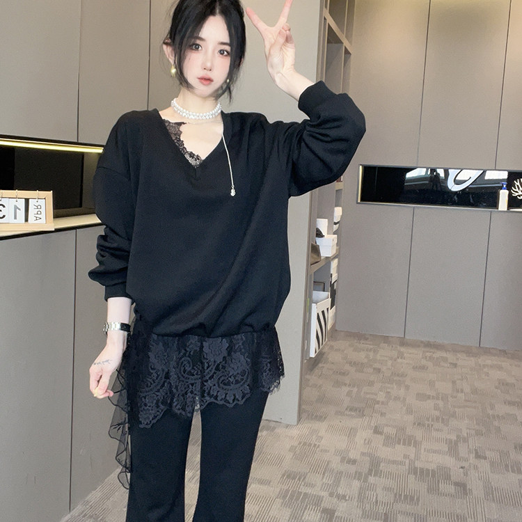 蕾丝钩花拼接长袖V领卫衣高腰长裤纯色套装两件套女2026春季新款