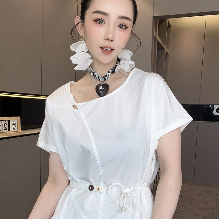 短袖连衣裙女2026夏季新款欧洲站纯色褶皱长裙腰带收腰半袖裙子