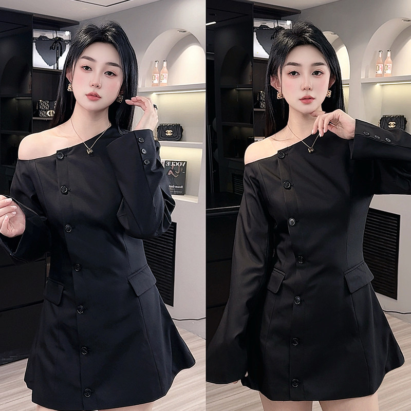 西装女2026春季新款法式纯色中长款露肩西服单排扣外套长袖上衣