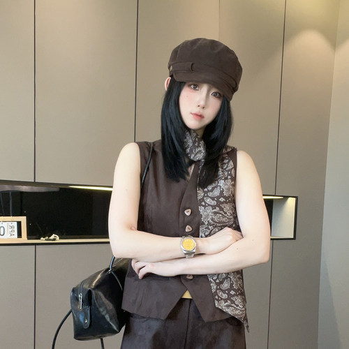 印花丝巾马甲女2026秋季新款时尚V领短款马夹单排扣外套无袖上衣