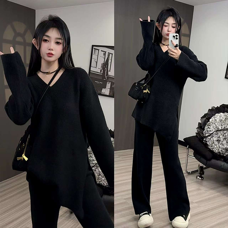 V领长袖上衣高腰长裤休闲裤宽松纯色套装两件套女2025冬季新款