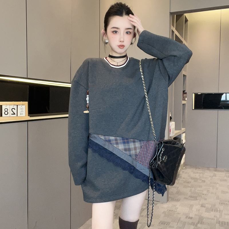 卫衣女2025秋季新款欧洲站设计师款宽松拼接格子圆领套头长袖上衣